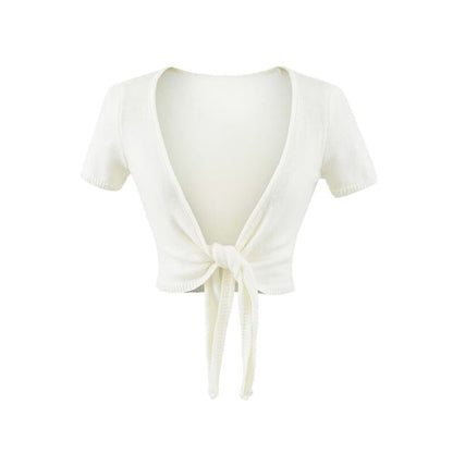 Short-Sleeve V-Neck Plain Tie Waist Crop Top