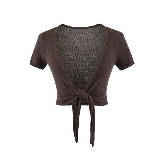 Short-Sleeve V-Neck Plain Tie Waist Crop Top