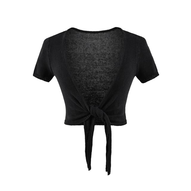 Short-Sleeve V-Neck Plain Tie Waist Crop Top