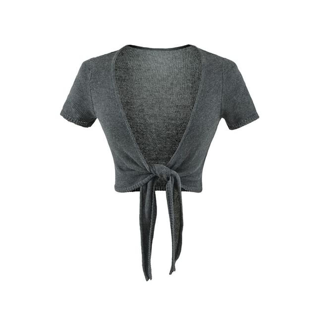 Short-Sleeve V-Neck Plain Tie Waist Crop Top