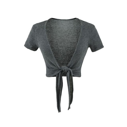 Short-Sleeve V-Neck Plain Tie Waist Crop Top