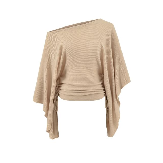 Elbow-Sleeve Off Shoulder Plain Drawstring Knit Top