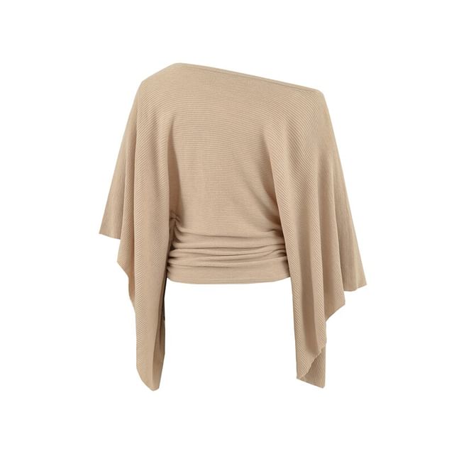 Elbow-Sleeve Off Shoulder Plain Drawstring Knit Top