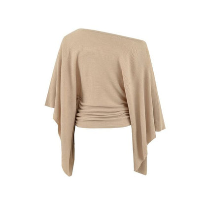 Elbow-Sleeve Off Shoulder Plain Drawstring Knit Top