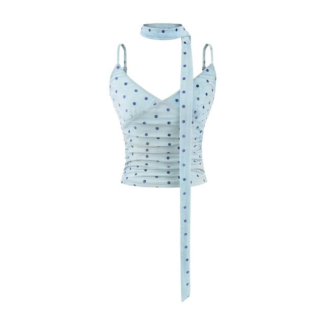 Spaghetti Strap V-Neck Dotted Ruched Camisole Top with Sash