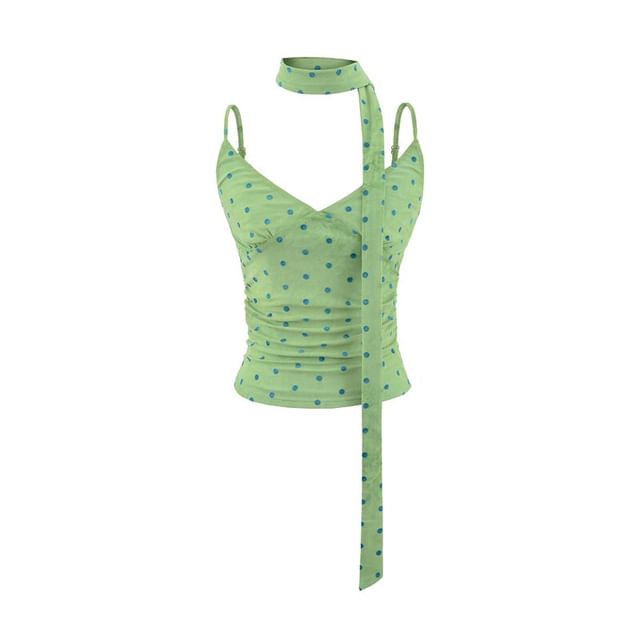 Spaghetti Strap V-Neck Dotted Ruched Camisole Top with Sash