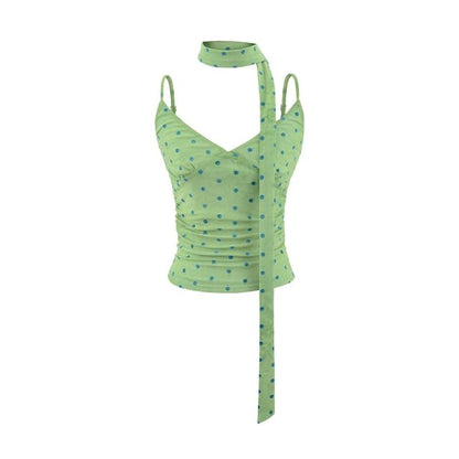 Spaghetti Strap V-Neck Dotted Ruched Camisole Top with Sash