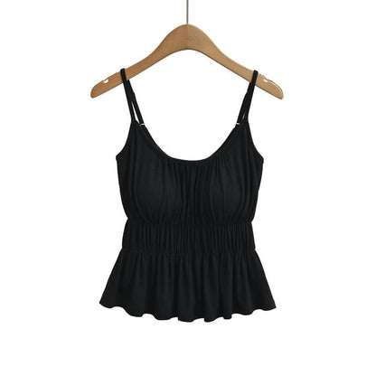 Spaghetti Strap Scoop Neck Plain Ruched Flowy Camisole Top