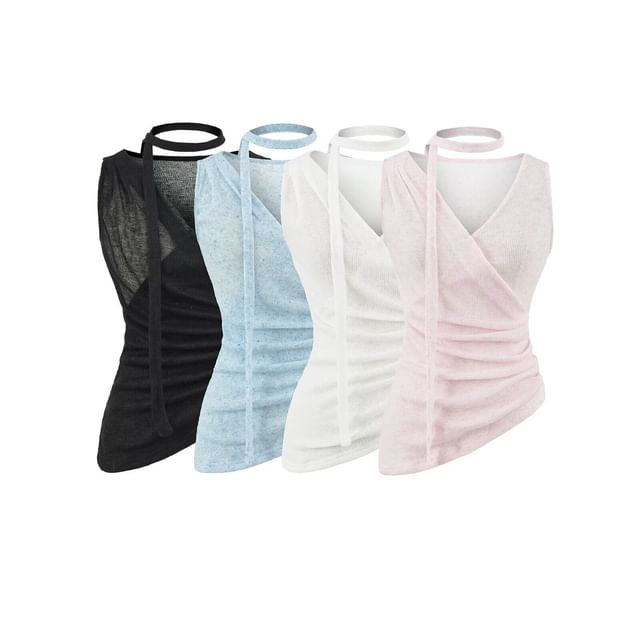 Sleeveless V-Neck Plain Ruched Asymmetrical Top with Sash