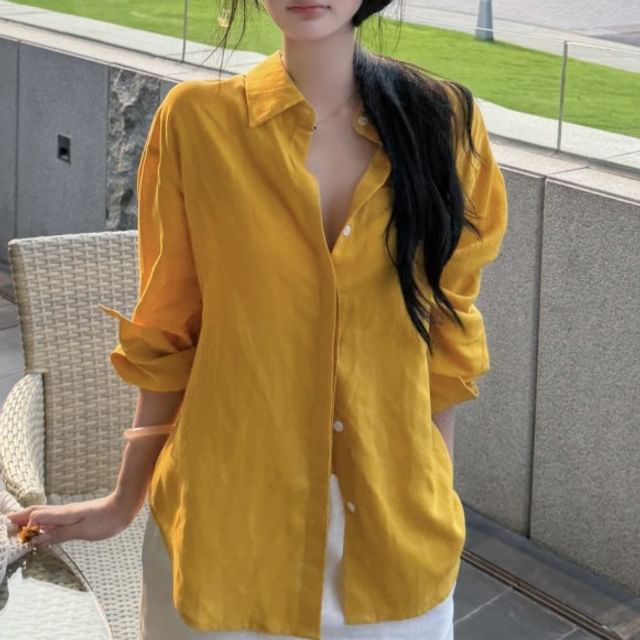 Long-Sleeve Drop-Shoulder Plain Shirt / High Waist Mini Straight Skirt