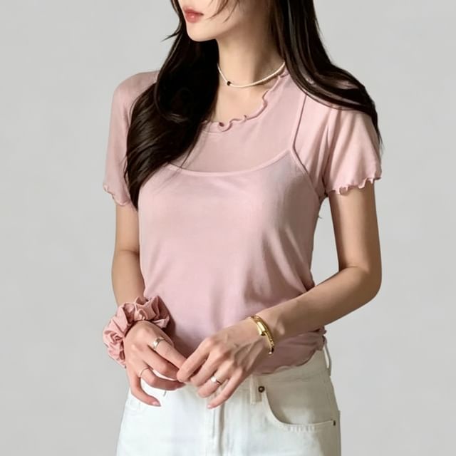 Set: Short-Sleeve Round Neck Plain Lettuce Edge T-Shirt + Cropped Camisole Top