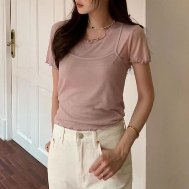 Set: Short-Sleeve Round Neck Plain Lettuce Edge T-Shirt + Cropped Camisole Top