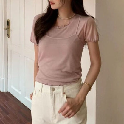 Set: Short-Sleeve Round Neck Plain Lettuce Edge T-Shirt + Cropped Camisole Top