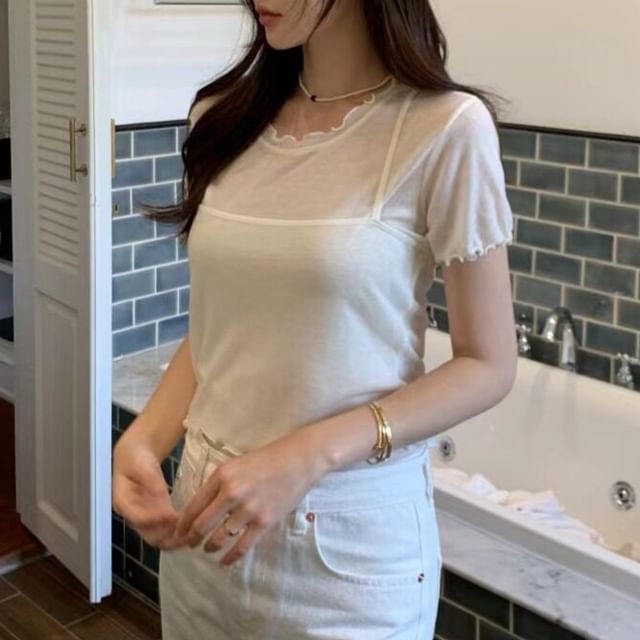 Set: Short-Sleeve Round Neck Plain Lettuce Edge T-Shirt + Cropped Camisole Top