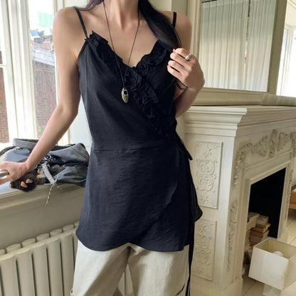 V-Neck Plain Ruffle Asymmetrical Camisole Top