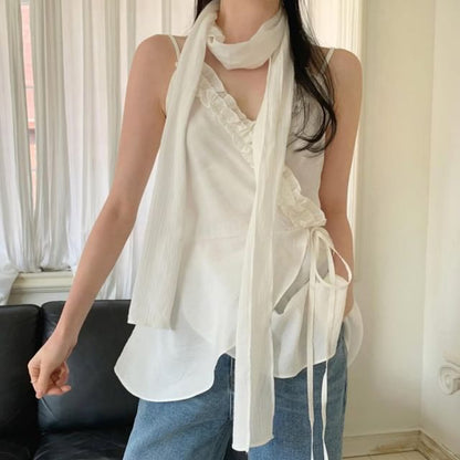 V-Neck Plain Ruffle Asymmetrical Camisole Top
