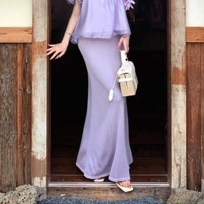Short-Sleeve Off-Shoulder Plain Ruffle Blouse / High Waist Knit Midi Pencil Skirt