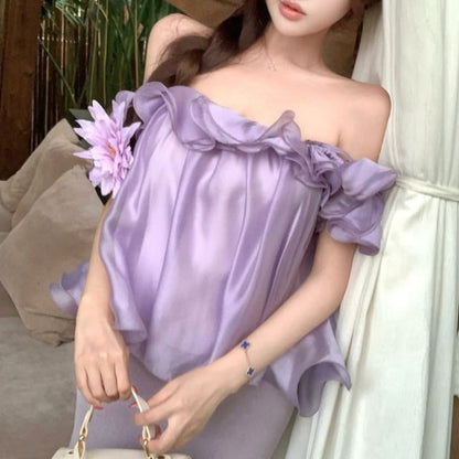 Short-Sleeve Off-Shoulder Plain Ruffle Blouse / High Waist Knit Midi Pencil Skirt