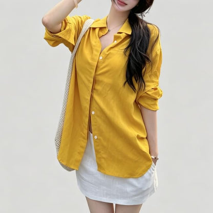 Long-Sleeve Drop-Shoulder Plain Shirt / High Waist Mini Straight Skirt