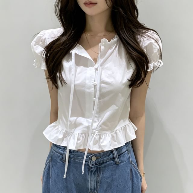 Puff-Sleeve Plain Ruffle Cropped Blouse