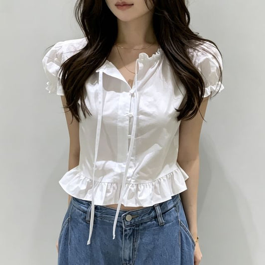 Puff-Sleeve Plain Ruffle Cropped Blouse