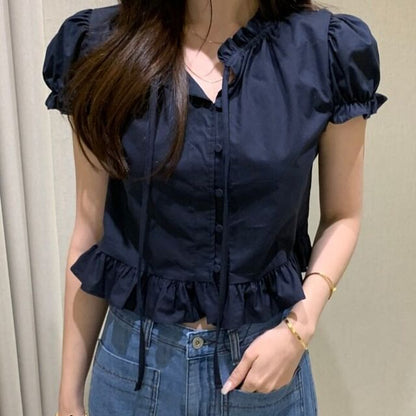 Puff-Sleeve Plain Ruffle Cropped Blouse