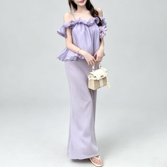 Short-Sleeve Off-Shoulder Plain Ruffle Blouse / High Waist Knit Midi Pencil Skirt