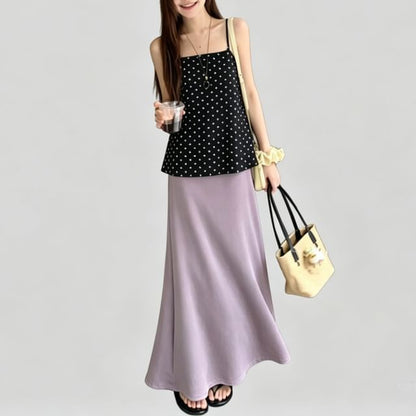 Set: Polka Dot Flowy Camisole Top + High Waist Plain Maxi A-Line Skirt