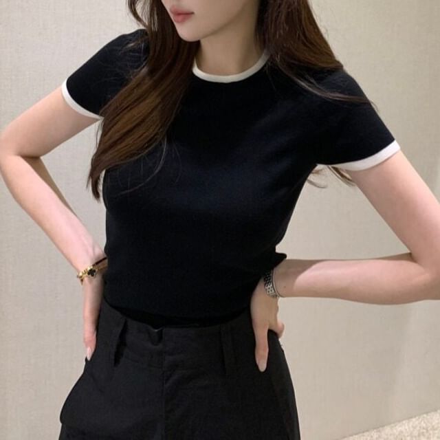 Short-Sleeve Crew Neck Plain Contrast Trim T-Shirt