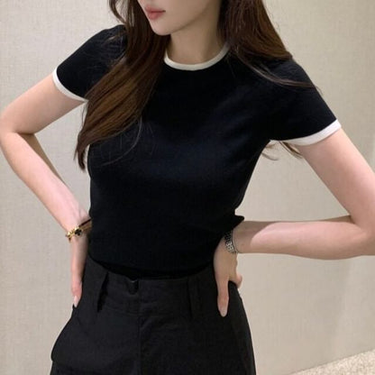 Short-Sleeve Crew Neck Plain Contrast Trim T-Shirt