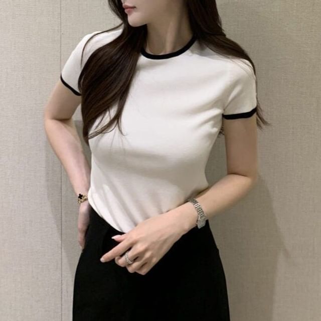 Short-Sleeve Crew Neck Plain Contrast Trim T-Shirt