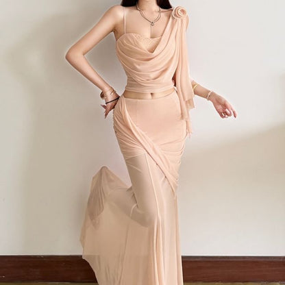 Asymmetric Sleeveless Crop Top and High Waist Mermaid Skirt Set