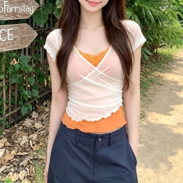 V-Neck Ruffle Mock Two Piece Short Sleeve Top