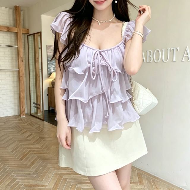 Scoop Neck Ruffle Trim Sleeveless Top