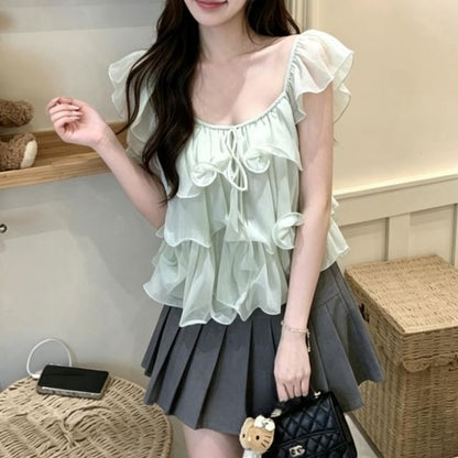 Scoop Neck Ruffle Trim Sleeveless Top