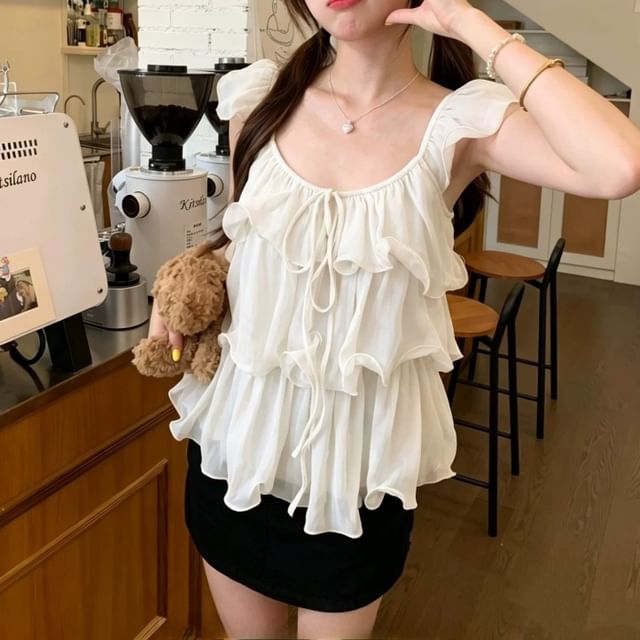 Scoop Neck Ruffle Trim Sleeveless Top
