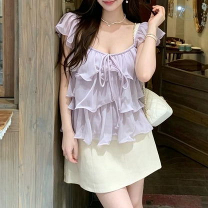 Scoop Neck Ruffle Trim Sleeveless Top