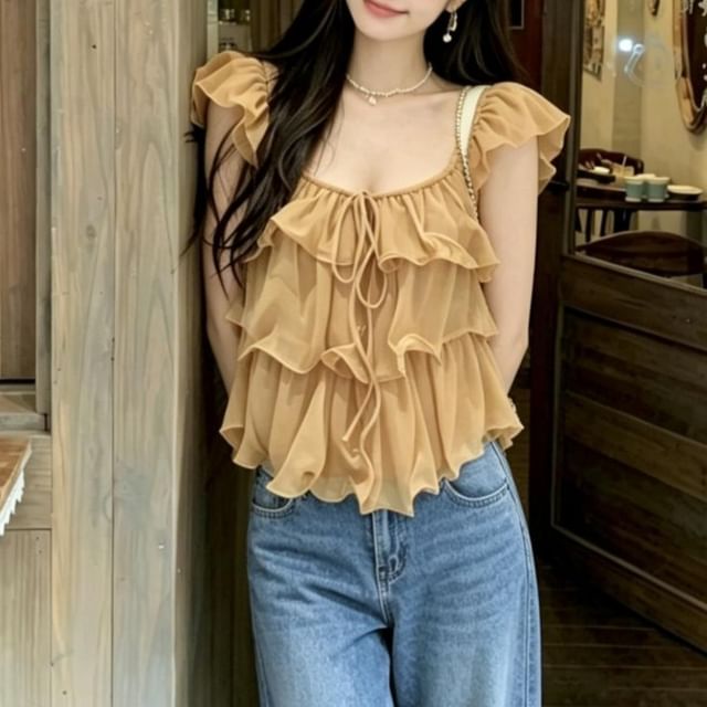 Scoop Neck Ruffle Trim Sleeveless Top