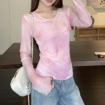 Long Sleeve Mock Two Piece Tie-Dye Tee