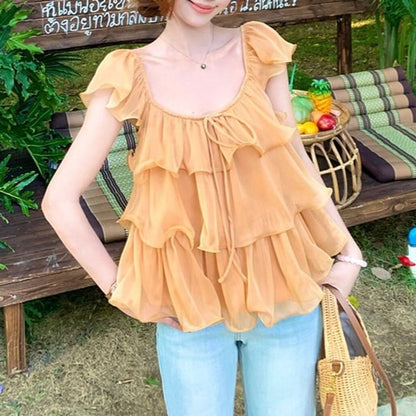 Scoop Neck Ruffle Trim Sleeveless Camisole Top