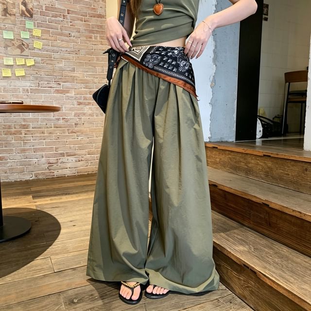 Crew Neck Crop T-Shirt with Wide Leg Pants and Scarf