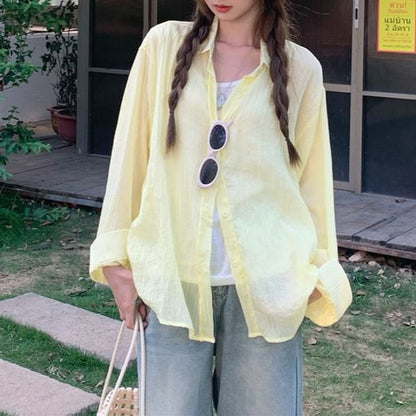 Plain Button-Up Shirt with Collar and Long Sleeves