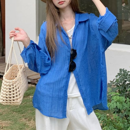 Plain Button-Up Shirt with Collar and Long Sleeves