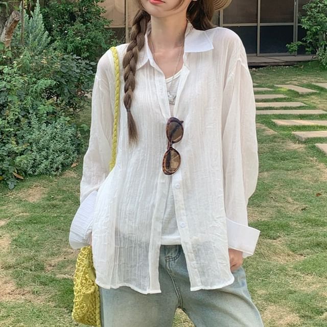 Plain Button-Up Shirt with Collar and Long Sleeves