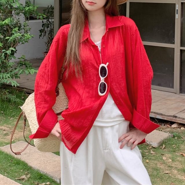 Plain Button-Up Shirt with Collar and Long Sleeves
