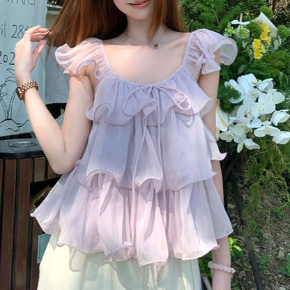 Scoop Neck Ruffle Trim Sleeveless Camisole Top