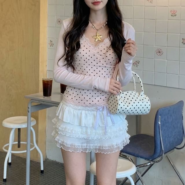 V-Neck Dotted Camisole with Crop Cardigan and Mini Skirt Set