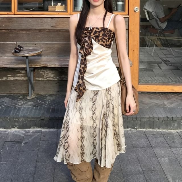 Leopard Panel Camisole with Snake Print Midi Skirt Set