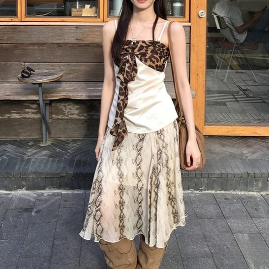 Leopard Panel Camisole with Snake Print Midi Skirt Set