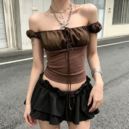 Off Shoulder Ruched Crop Short Sleeve T-Shirt